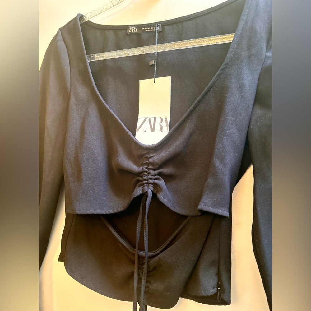 NWT Zara Black Ruched Open Front Long Sleeve Blouse with Ties
